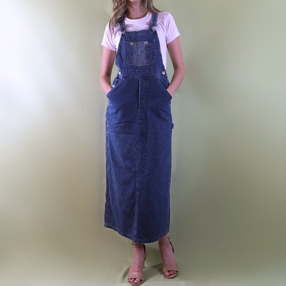 90s Vintage Blue Denim Overall Maxi Dress Medium